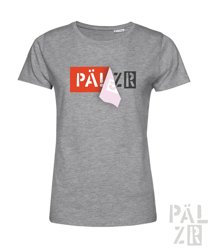 Grauer gemusterter Baumwoll-T-Shirt mit ’pä!zr’ Grafikdesign.