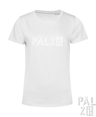 Weißes T-Shirt mit ’pälzr’-Logo-Design, aus Baumwolle gefertigt.