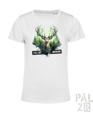 Weißes T-Shirt mit Hirsch-Design und Text „pälzr“ in Schwarz.