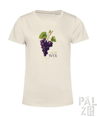 Cremeweiße Bio-Baumwoll-T-Shirt mit einem Grafikmotiv aus lila Trauben und grünen Blättern, das den Text „woi“ in kursiver Schrift zeigt.