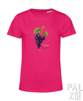 Rosa T-Shirt mit Trauben-Design und ’pälzer’ Logo.