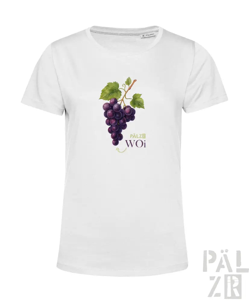 Weißes T-Shirt mit Design aus lila Trauben und grünen Blättern, aus Baumwolle gefertigt.