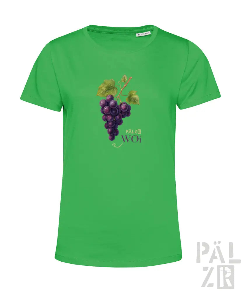 Grünes T-Shirt mit Design aus lila Trauben und Blättern, aus Baumwolle.