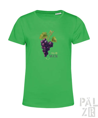 Grünes T-Shirt mit Design aus lila Trauben und Blättern, aus Baumwolle.