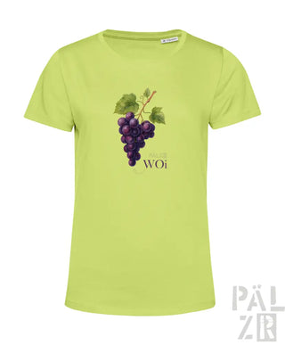 Hellgrünes Bio-Baumwoll-T-Shirt mit Design aus lila Trauben und Blättern, Text ’woi’.