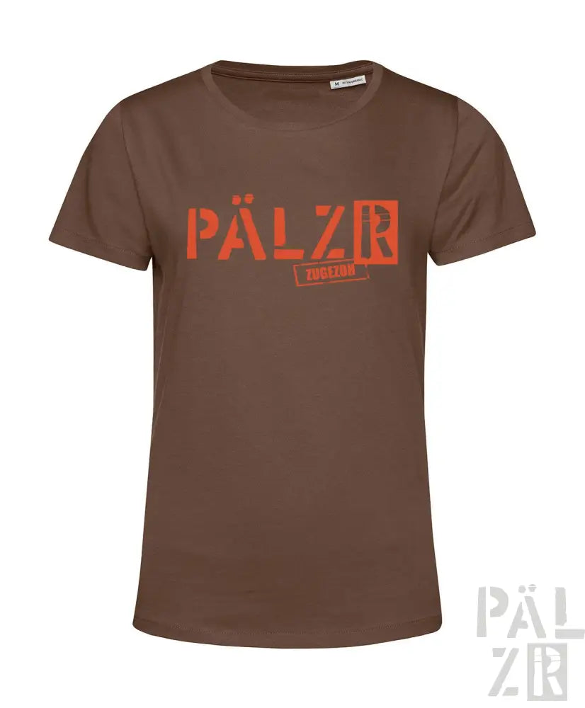 Braun T-Shirt mit ’pälzb’-Logo in Orange und Weiß, aus Baumwolle gefertigt.