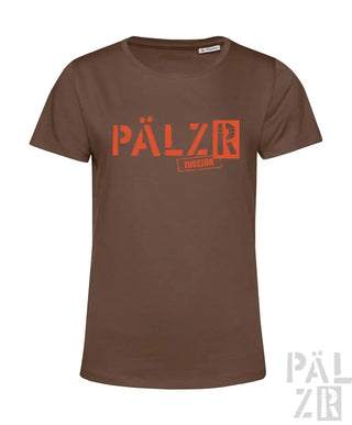 Braun T-Shirt mit ’pälzb’-Logo in Orange und Weiß, aus Baumwolle gefertigt.