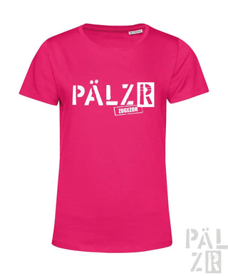 Rosa T-Shirt mit ’pälzr’-Logo und grafischem Design.