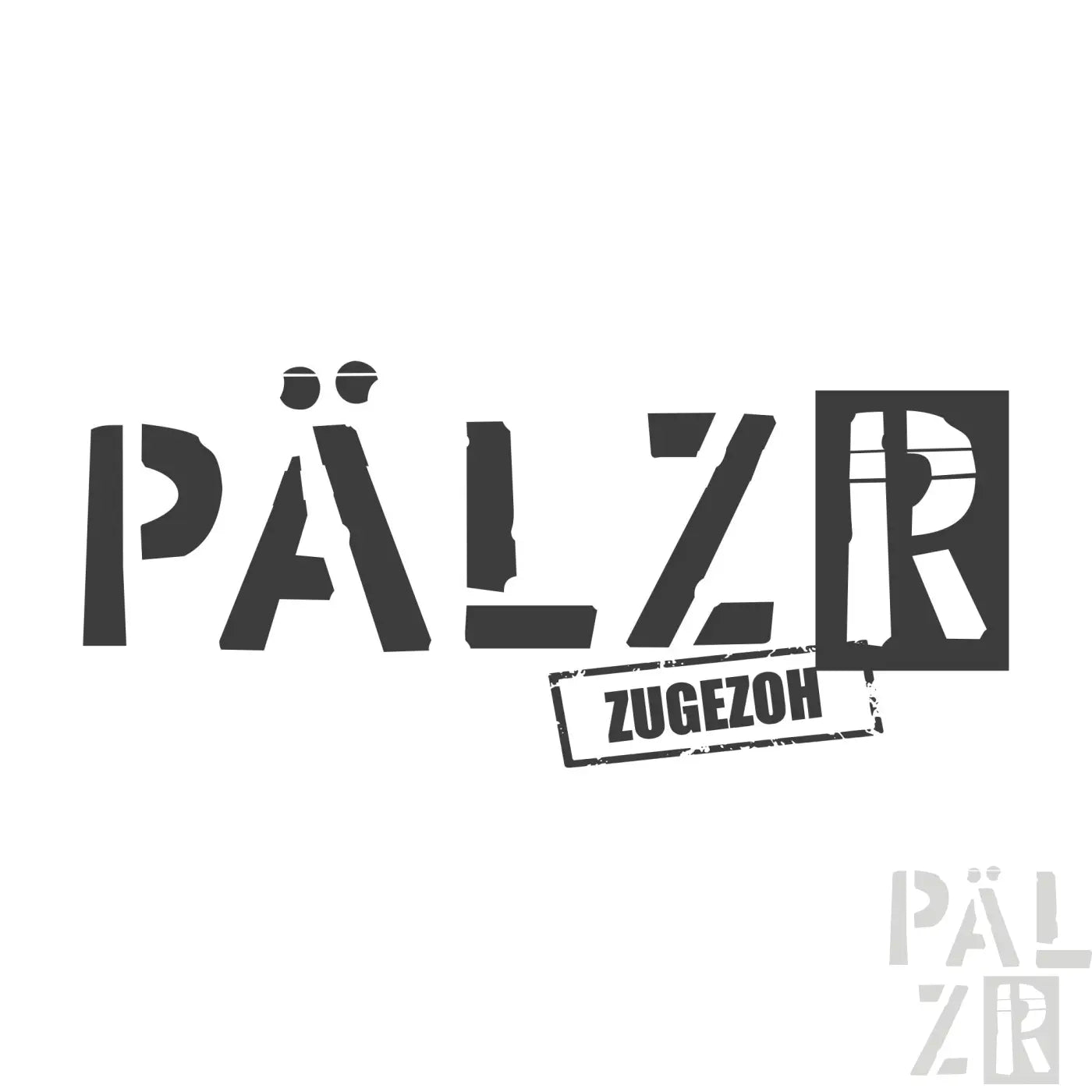 Frauen t-shirt mit schwarzem stylisiertem pälzar logo und abgenutztem zug ezoh stempel in verschiedenen farben
