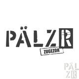 Frauen t-shirt mit schwarzem stylisiertem pälzar logo und abgenutztem zug ezoh stempel in verschiedenen farben