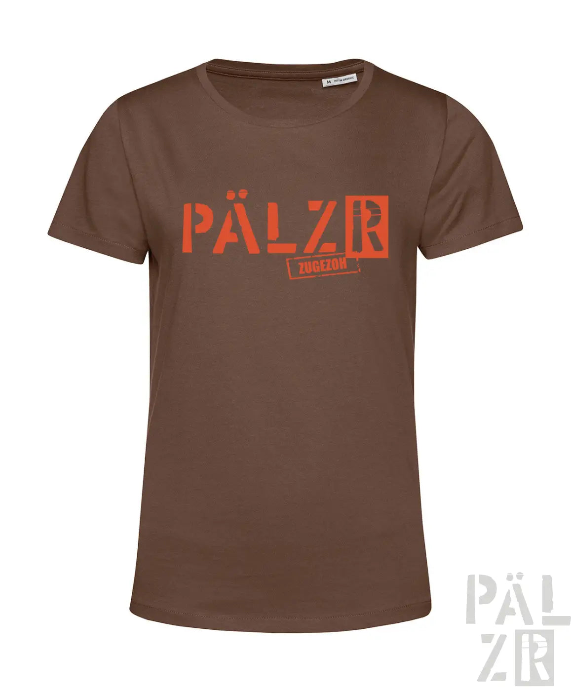 Frauen t-shirt aus braunem material mit kurzen ärmeln und auffälligem orangem pälzr lettering und zugfzum tag