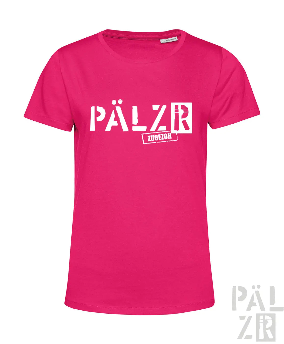 Eine lebendige pinke damen kurzarm t shirt mit auffälligem weißem pälzr schriftzug und kleinem stempeltext