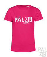 Eine lebendige pinke damen kurzarm t shirt mit auffälligem weißem pälzr schriftzug und kleinem stempeltext