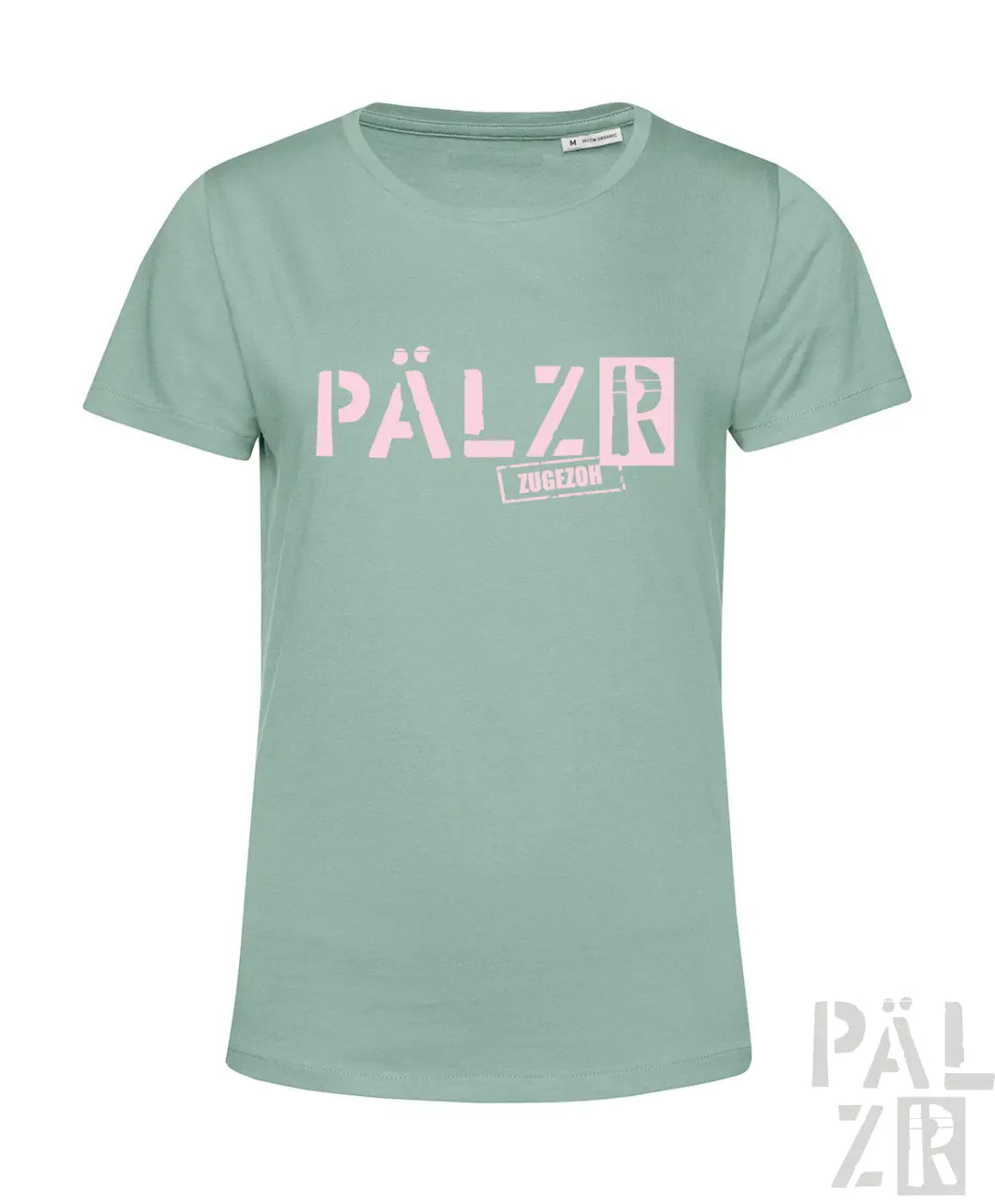Frauen mintgrünes kurzarmshirt mit auffälligem pinkem pälzr-print und kleinerem zugedon-schriftzug darunter