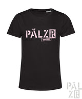 Schwarzes frauen t-shirt mit kurzärmeln und pinkem pälzr print sowie kleineren zugezoh text darunter