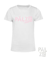 Weißes kurzarm damen t shirt aus baumwolle mit pinkem pälz logo bedruckt verschiedene farben