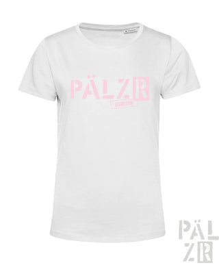Weißes T-Shirt mit pinkem „pälzer“-Logo-Design, aus Baumwolle.