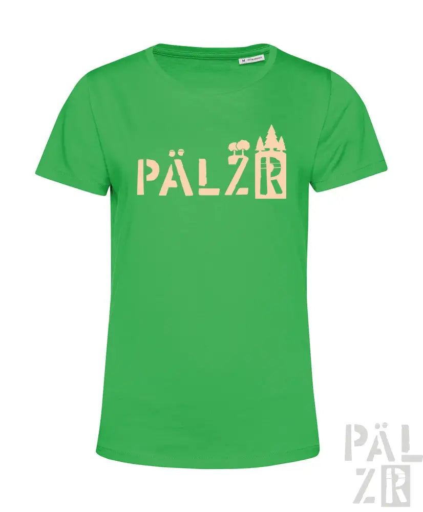 Grünes T-Shirt mit ’pälzr’-Design und Silhouette einer Burg, Baumwollmaterial.