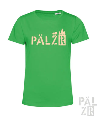 Grünes T-Shirt mit ’pälzr’-Design und Silhouette einer Burg, Baumwollmaterial.