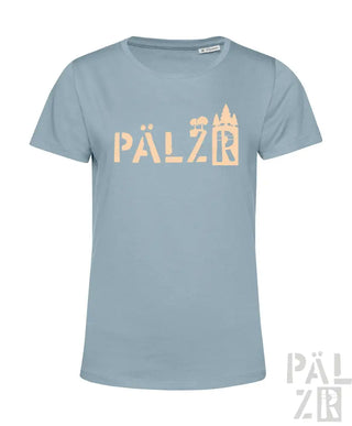 Hellblaues T-Shirt mit ’pälzr’-Design, das eine Burg-Silhouette zeigt, aus Baumwolle.