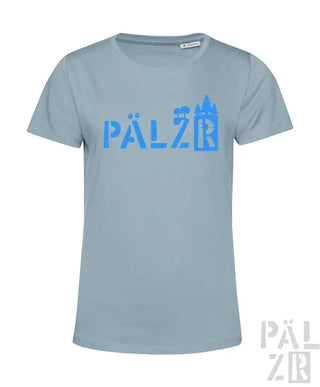 Hellblaues T-Shirt mit ’pälzr’-Logo und Burgen-Design, aus Baumwolle.