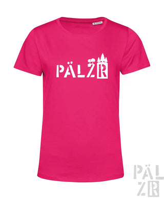 Rosa T-Shirt mit ’pälzr’- und Burgen-Design, Baumwollmaterial.