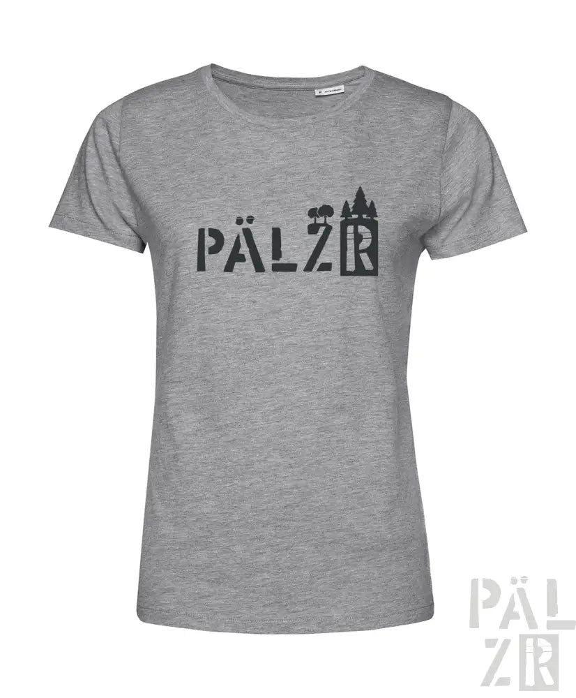 Graues T-Shirt mit schwarzem ’pälzr’-Design und Schloss-Silhouette.
