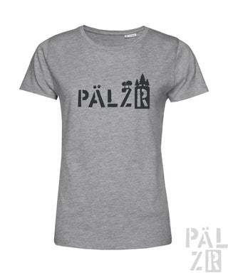 Graues T-Shirt mit schwarzem ’pälzr’-Design und Schloss-Silhouette.