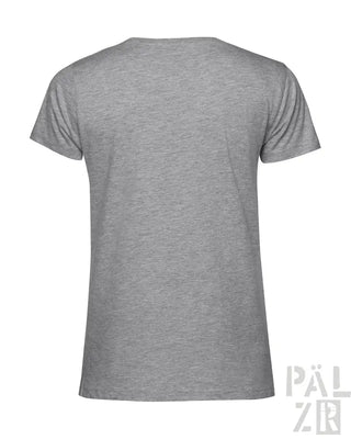 Hellgraues V-Ausschnitt-T-Shirt mit subtiler gemusterter Textur und ’pälzer’-Logo auf dem Rücken.