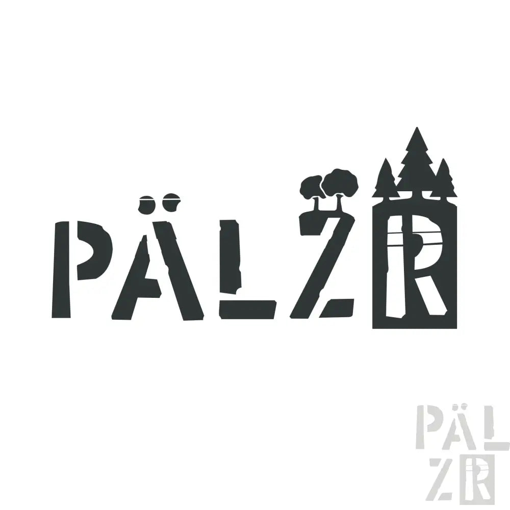 Schwarzes, schlossförmiges Aufkleber mit Bäumen und Mond oben, beliebtes Markenlogo pälzr.