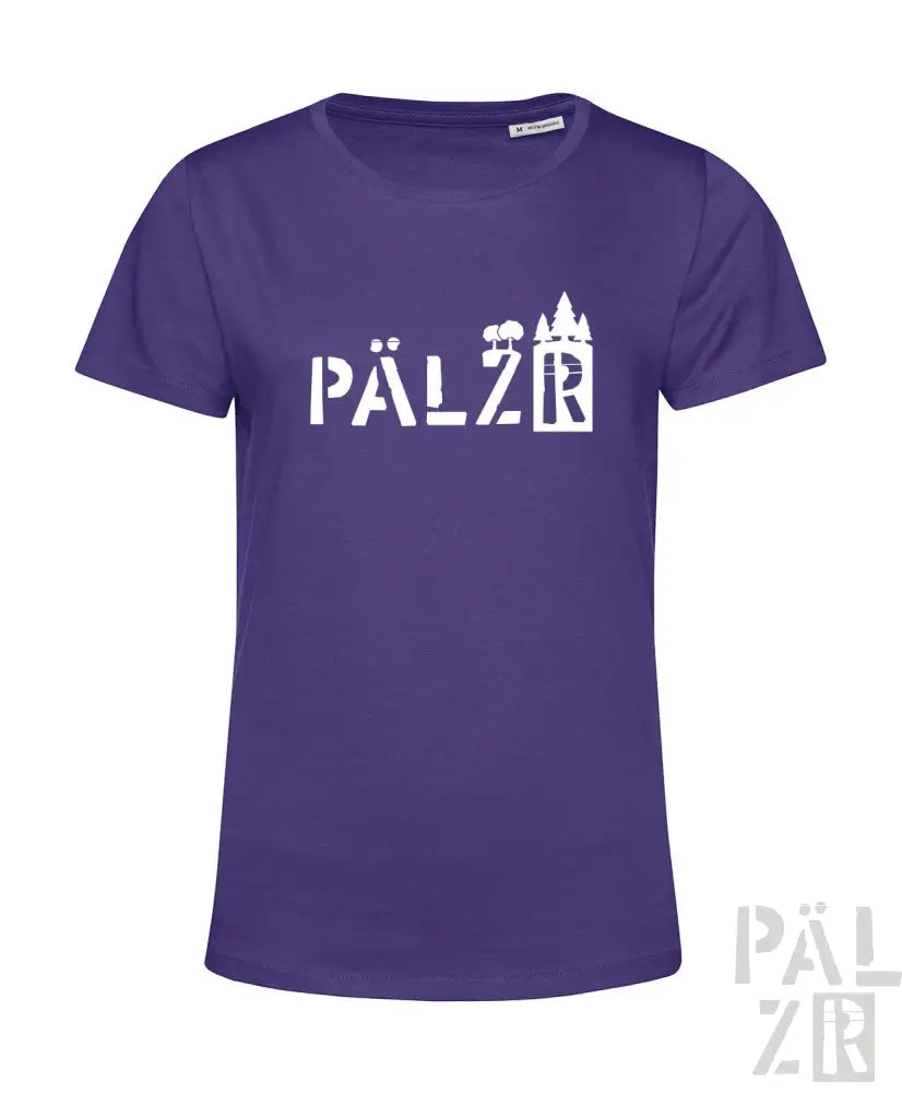 Lila T-Shirt mit ’pälzr’-Design und Silhouette einer Burg, aus Baumwollmaterial.