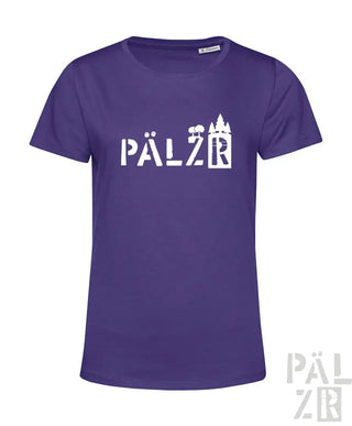 Lila T-Shirt mit ’pälzr’-Design und Silhouette einer Burg, aus Baumwollmaterial.
