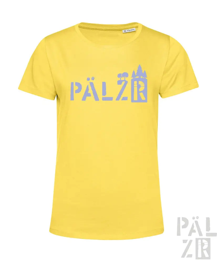Gelbes T-Shirt mit ’pälzr’-Design und Schloss-Silhouette, Baumwollmaterial.