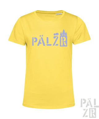 Gelbes T-Shirt mit ’pälzr’-Design und Schloss-Silhouette, Baumwollmaterial.