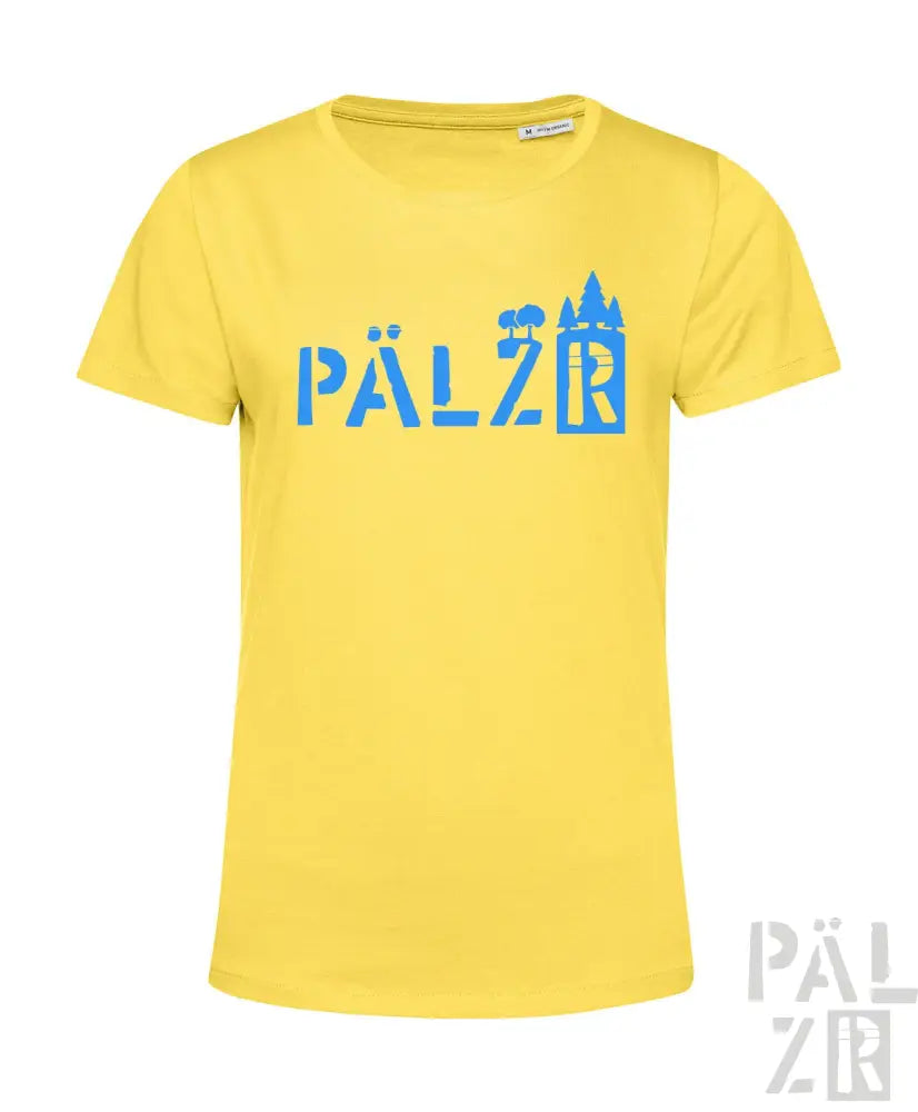 Gelbes T-Shirt mit blauem „pälzr“-Text und Burgen-Design.