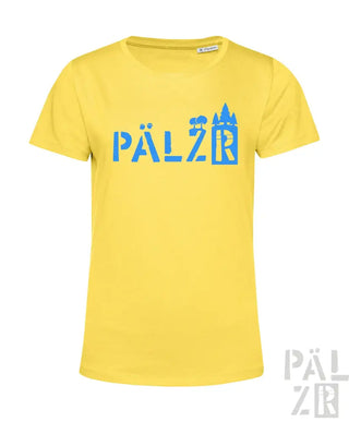Gelbes T-Shirt mit blauem „pälzr“-Text und Burgen-Design.