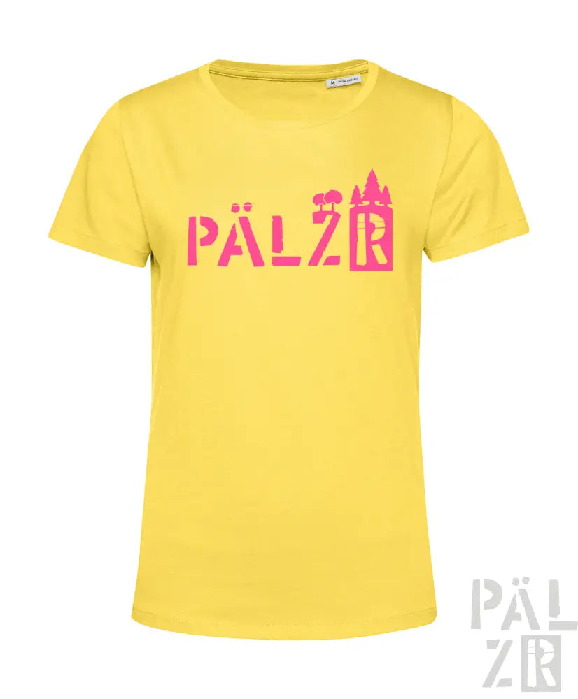 Gelbes T-Shirt mit pinkem ’pälzr’-Text und Burgen-Design.