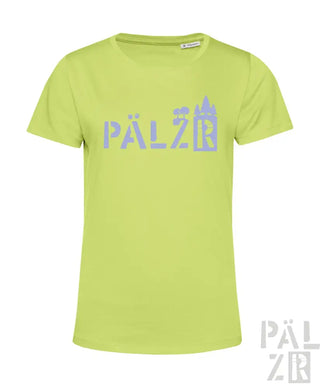 Limetgrünes T-Shirt mit ‚pälzb‘-Text und Stadtbild-Design.