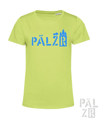 Limegrünes T-Shirt mit ‚pälzr‘-Logo und Burgen-Design, aus Baumwolle gefertigt.