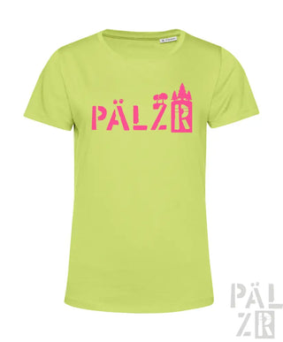 Limetgrünes T-Shirt mit pinkem „pälzr“-Logo und Burgen-Design.