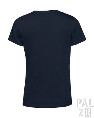 Marineblaues T-Shirt mit Rundhals und kurzen Ärmeln, mit dem „pälzir“-Logo auf der unteren rechten Seite.