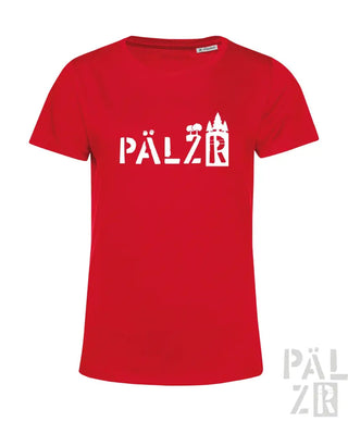 Rotes T-Shirt mit ’pälzr’-Design und Schloss-Silhouette, Baumwollmaterial.