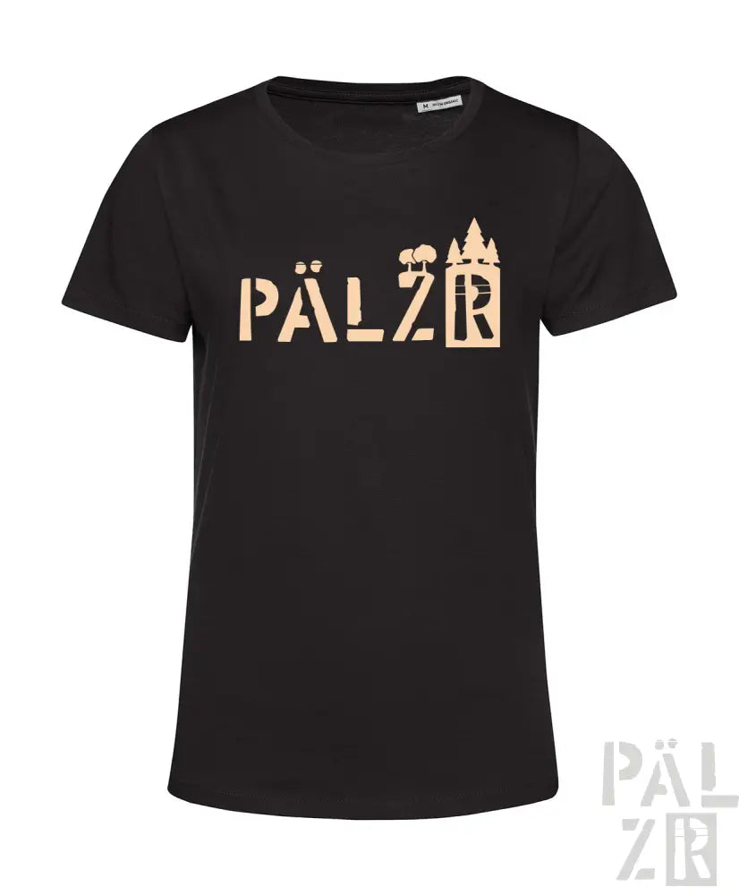 Schwarzes T-Shirt mit goldenem ’pälzr’-Text und Burgen-Design.