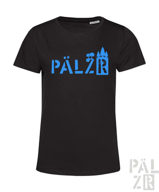 Schwarzes T-Shirt mit blauem ’pälzr’-Design, das eine Silhouette einer Burg und eines Turms zeigt.