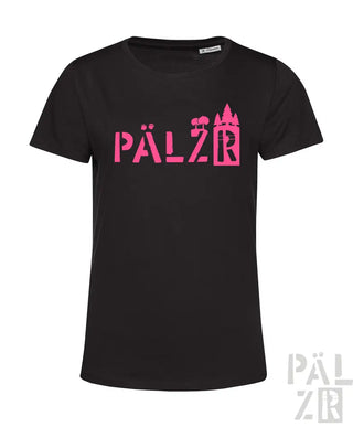 Schwarzes T-Shirt mit pinkem ’pälzr’-Text und Burgen-Design.