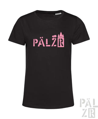 Schwarzes T-Shirt mit pinkem „pälzb“-Text und Burgen-Design.