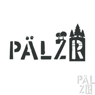 Schwarzer, schlosshaped Sticker mit Bäumen und einem Mond oben, beliebtes Markenlogo pälzr.