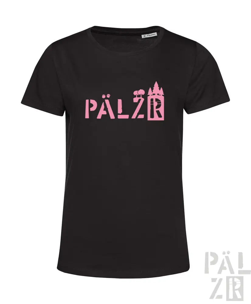 Schwarzes T-Shirt mit pinkem ’pälzb’-Text und Burgen-Design.