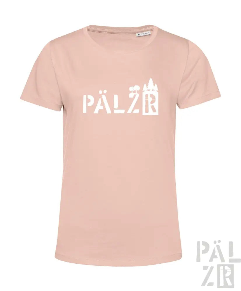 Hellrosa T-Shirt mit ’pälz’-Design und Schloss-Silhouette, aus Baumwolle.