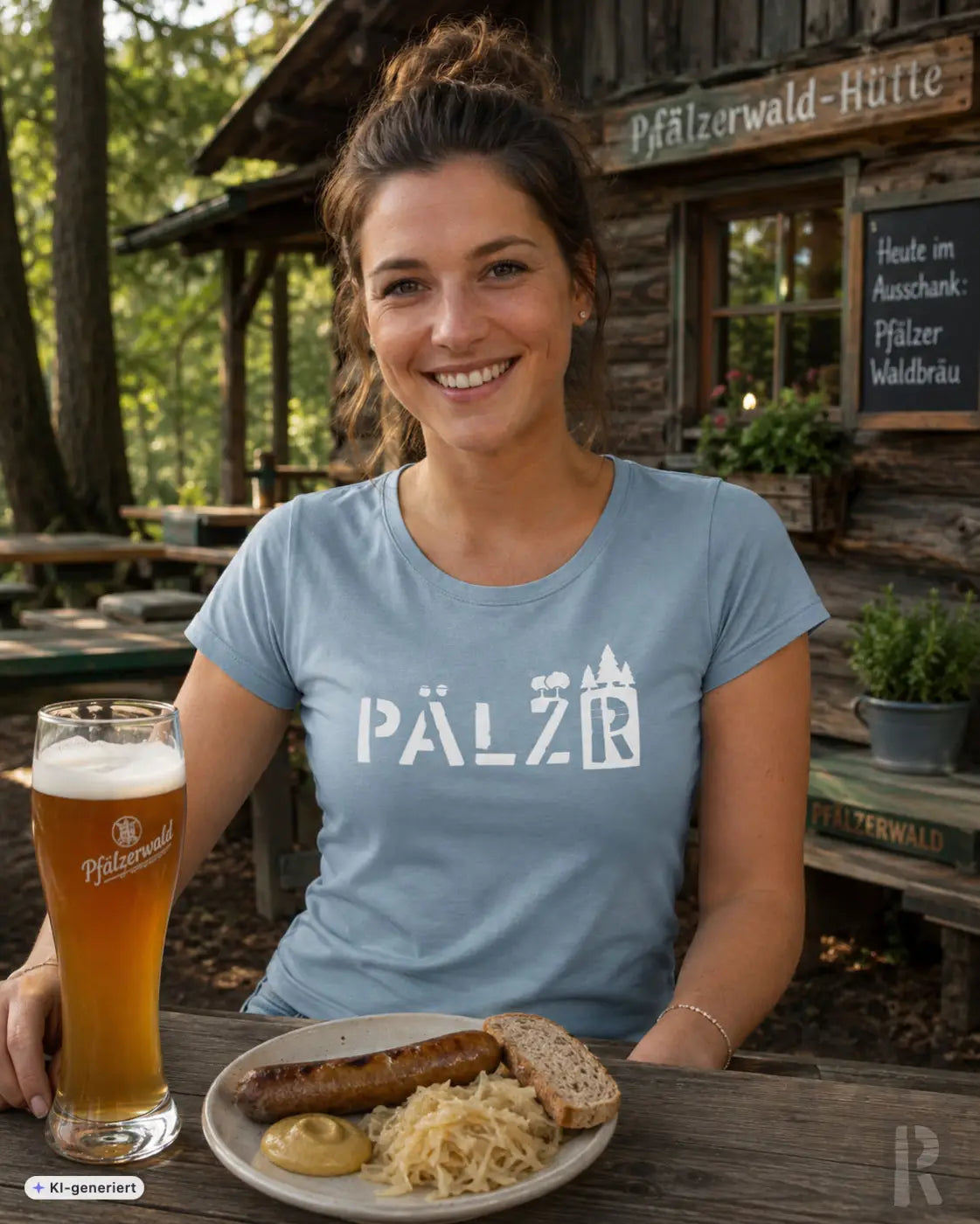 Frauen t-shirt in hellblau mit weißen pälz grafik design und stilisierten burgen als motiv